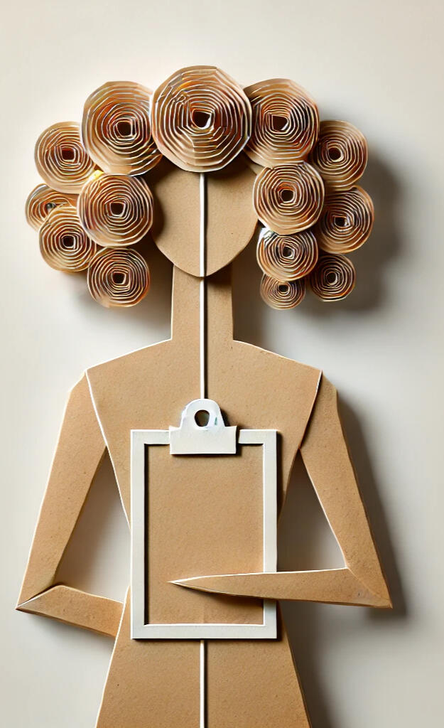 A paper craft folded paper figure of a person with curly hair holding a clipboard in front of their body. The image is quite abstract.